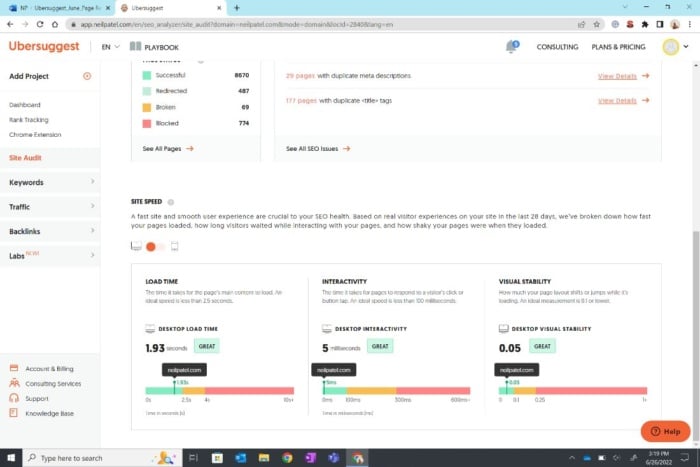 A screenshot of the Ubersuggest SEO audit platform.