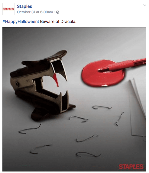 Staples entertaining their followers on social media during Halloween as a part of their content marketing.