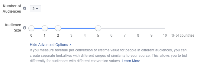 Click "show advanced options" if you want to A/B test your lookalike audience as a part of your custom audience targeting on Facebook.