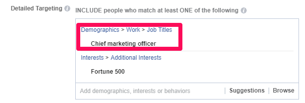 Include specific job titles like "Chief Marketing Officer" when diving into custom audience targeting on Facebook.