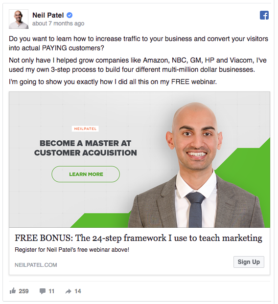 Neil Patel Facebook ad using custom audience targeting.