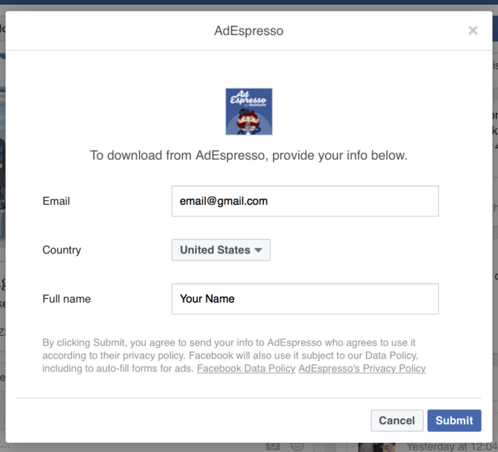 AdEspresso using lead-based ads to capture emails in order for those who clicked on their Facebook ad to receive their free guides.