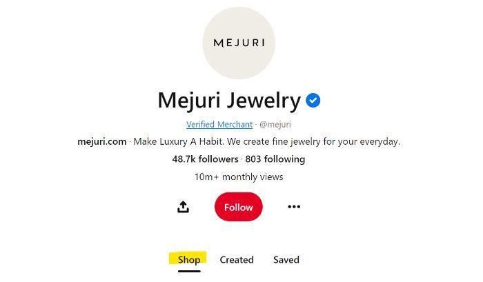 Mejuri Jewelry takes vantage  of the "shop" tab to diagnostic   products.