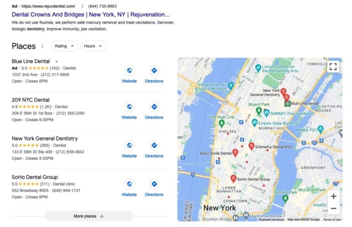 Google map results for dentist offices. 
