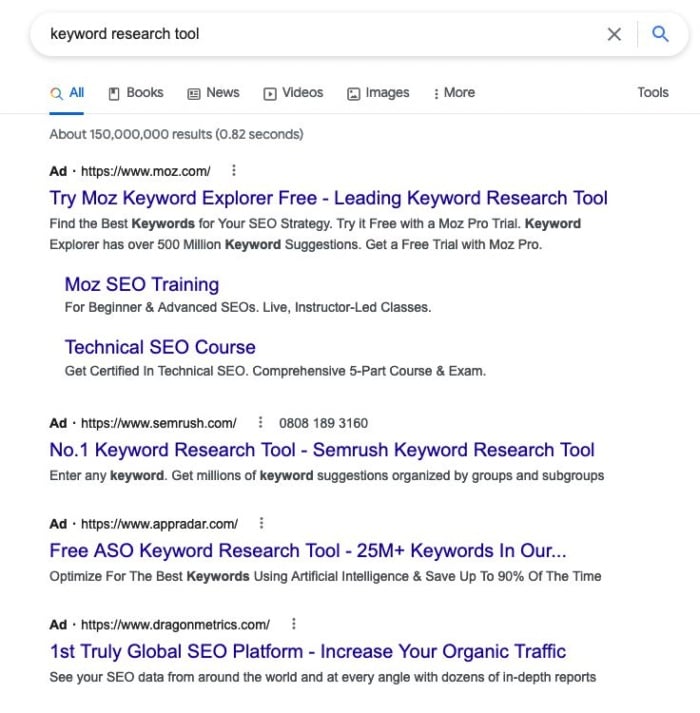 Google search results for "keyword research tool"