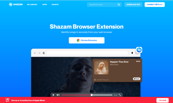 The homepage of Shazam, a sub-brand nether  the Apple the brand.