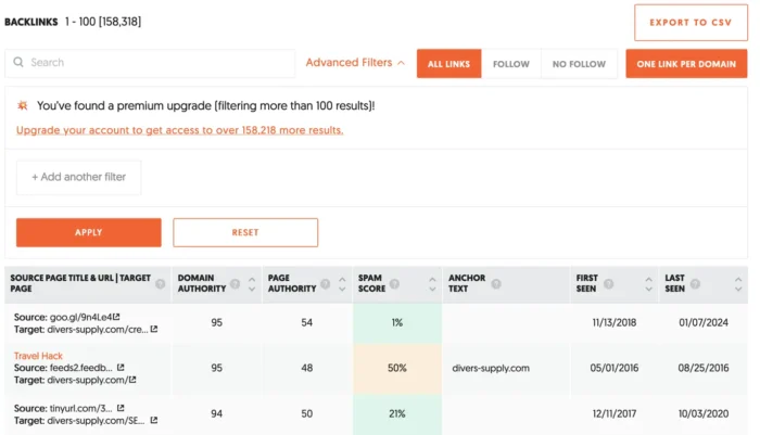 ความสามารถในการส่งออก backlinks ผลลัพธ์ด้วย Ubersuggest