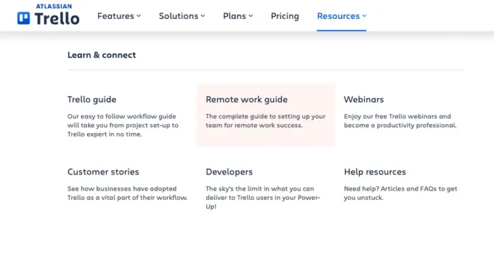 Main navigation placement for Trello's content hub on remote work