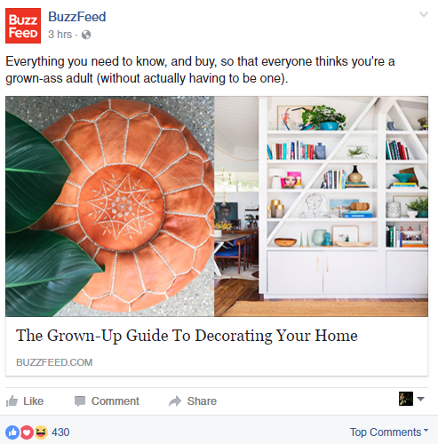 Buzzfeed promoting an enticing blog on Facebook as part of their content marketing strategy.