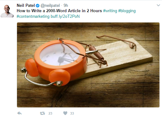 Neil Patel promoting the same blog multiple times on Twitter.