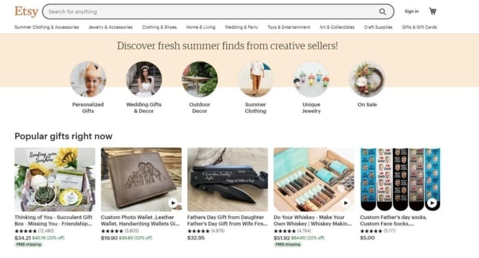 A screenshot of Etsy's webpage.