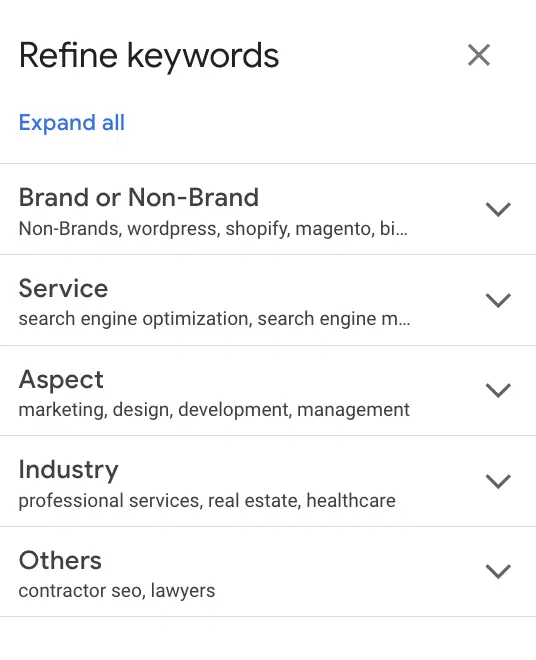 The Refine Keywords bar.