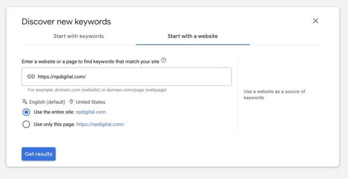 Discover new keywords on Google Keyword Planner, starting with a website.