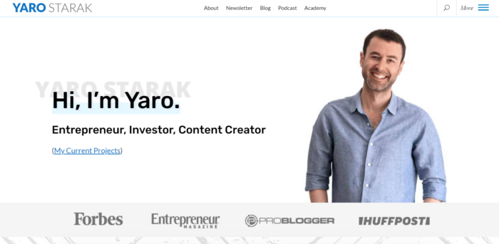 A screenshot of Yaro Starak's webpage.