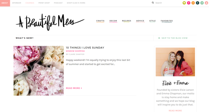 A screenshot of "A Beautiful Mess," a lifestyle blog founded by sisters Elsie Larson and Emma Chapman.
