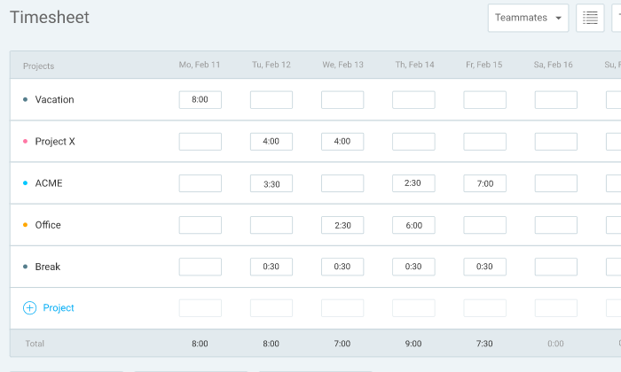 Clockify, a time tracking software, has a timesheet feature to help log hours throughout the week.