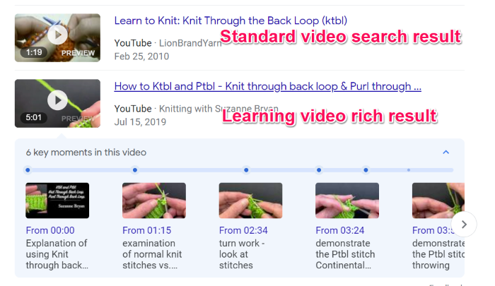 size of learning video rich result