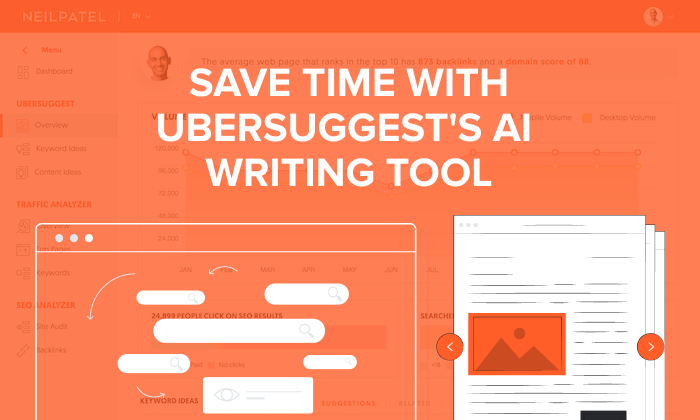 Graphic that says, "Save time with Ubersuggest's AI writing tool."
