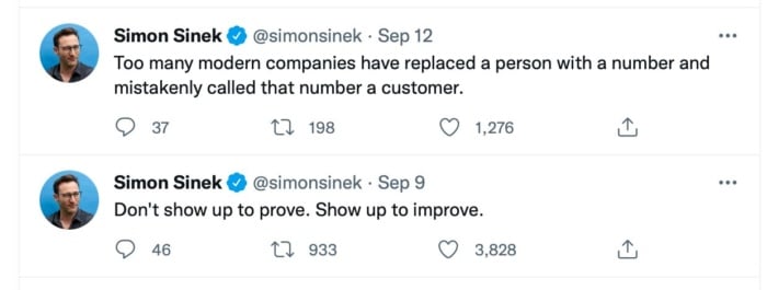 Tweets from Simon Sinek about business. 