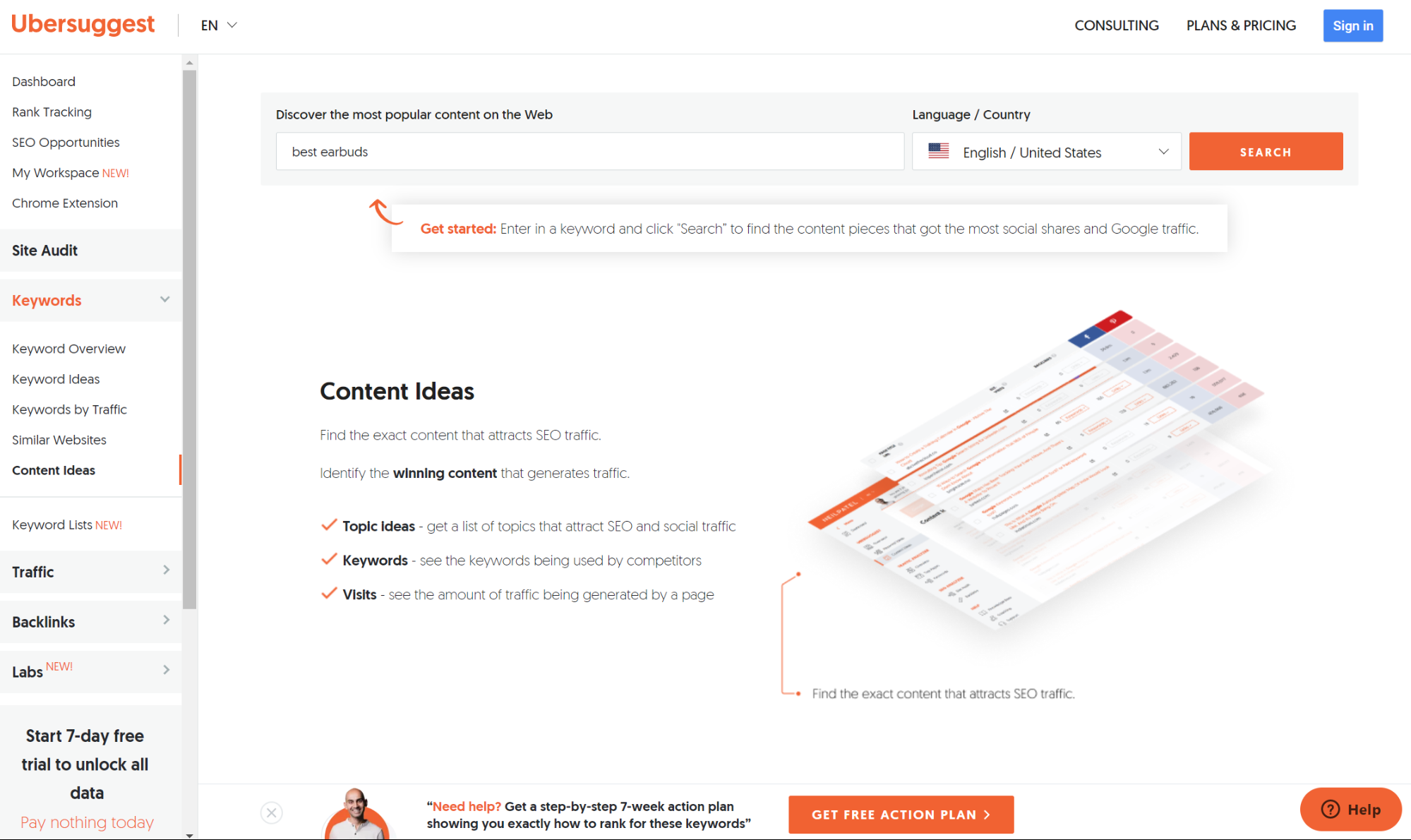 A screenshot of Ubersuggest's webpage alongside "best earbuds" in the hunt bar.