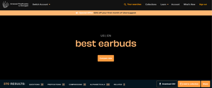 A screenshot that says, "best earbuds," connected  AnswerThePublic's website.