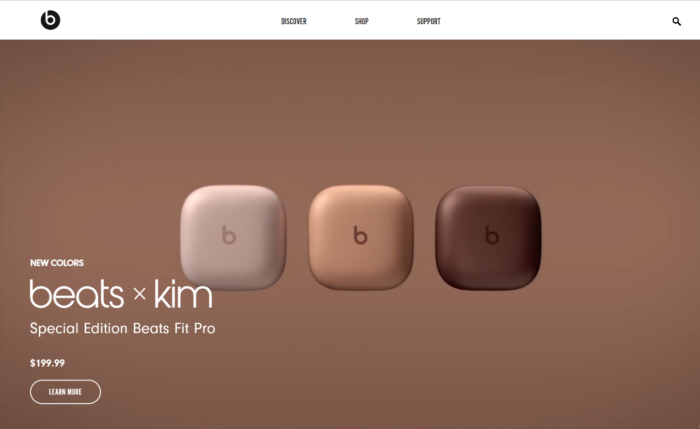 A screenshot of Beats by Dre's webpage showcasing a merchandise  collaboration with Kim Kardashian.