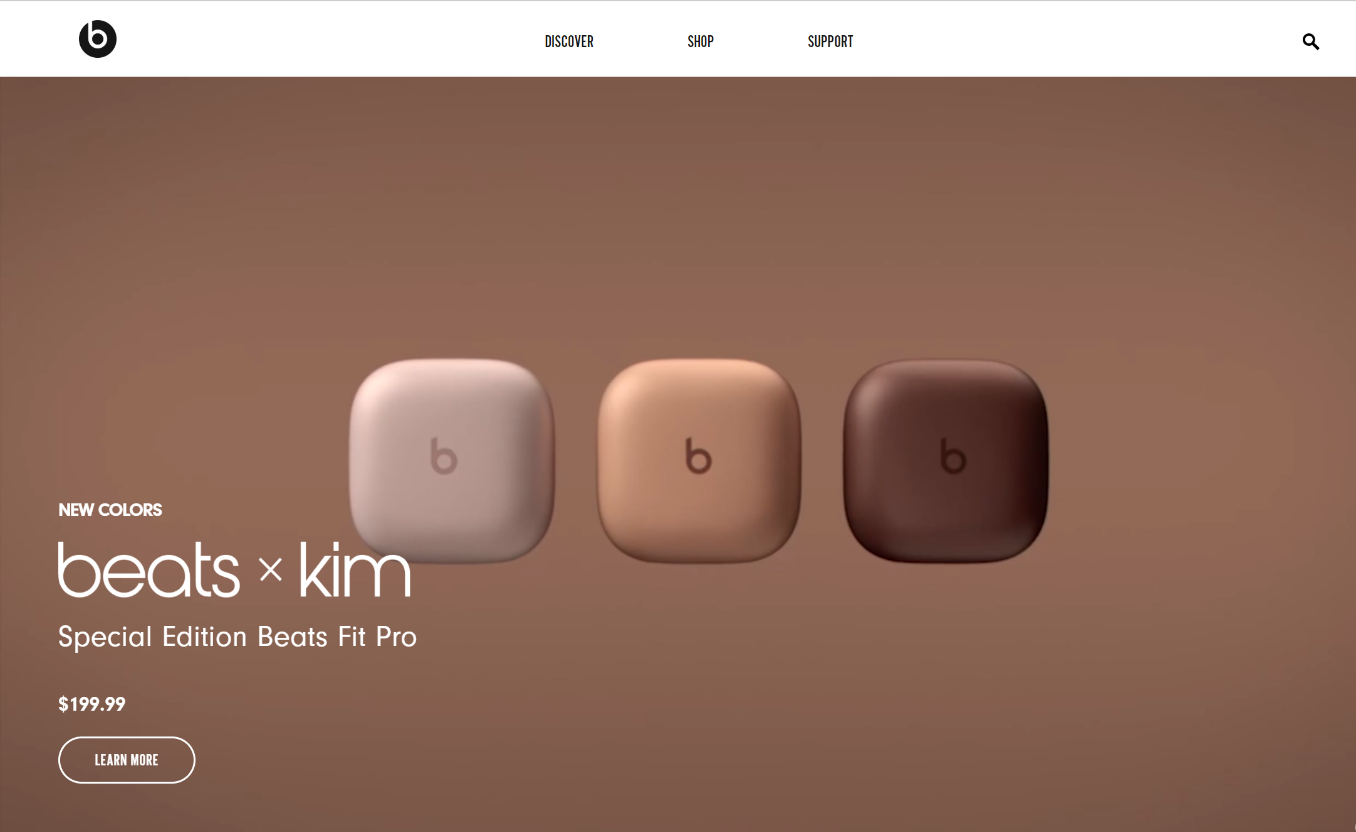 A screenshot of Beats by Dre's webpage showcasing a merchandise collaboration alongside Kim Kardashian.