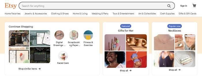 Etsy homepage for website accessibility for SEO.