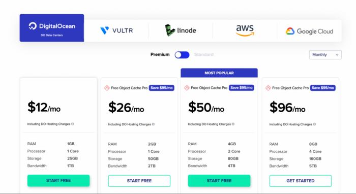 Cloudways' pricing plans for website hosting services.