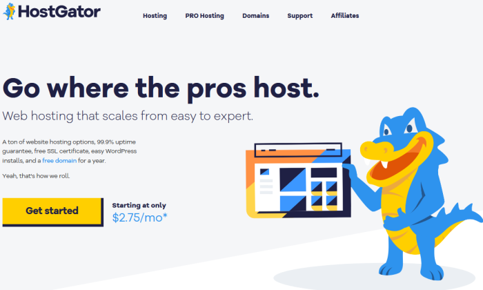 Screenshot of HostGator's webpage as an example of best website hosting services for startup affordability.