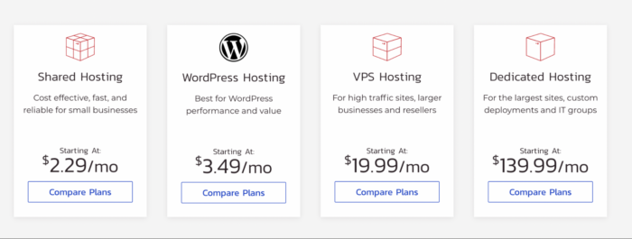 InMotion's pricing plans for website hosting services.