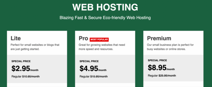 GreenGeeks' pricing plans for website hosting services.