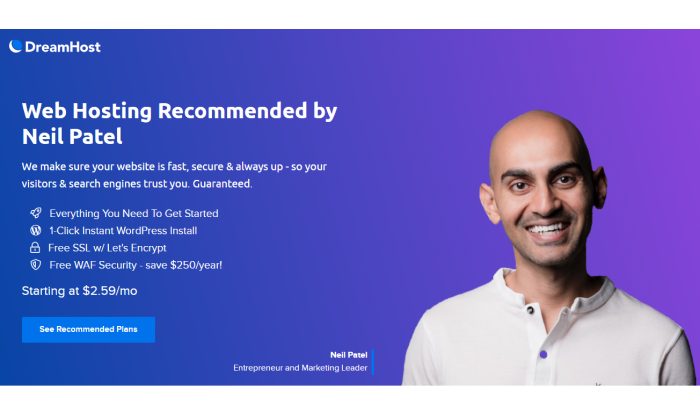 Screenshot of DreamHost's webpage featuring Neil Patel as an example of best website hosting services.