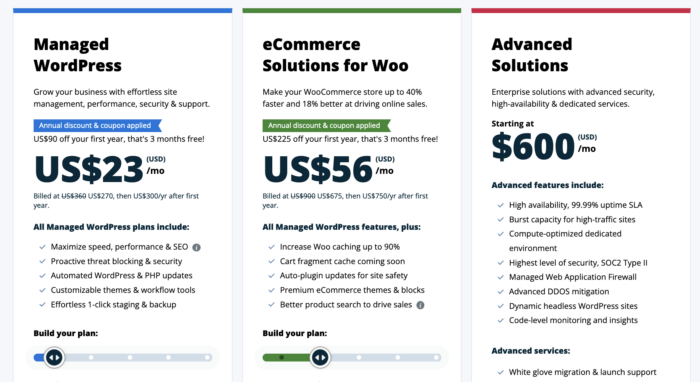 WP Engine's pricing plans for website hosting services.