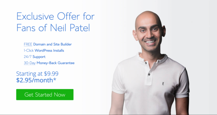 Screenshot of Bluehost's webpage featuring Neil Patel as an example of best website hosting services for beginners.