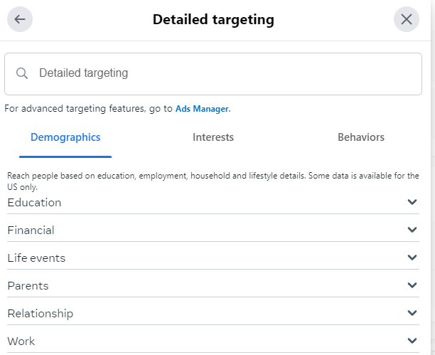 A screenshot of the detailed targeting section in meta ads manager.