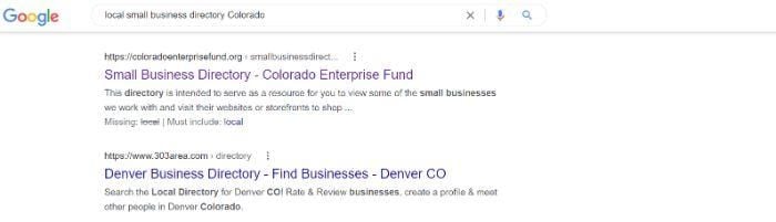A screenshot of Google's webpage with "local small business directory Colorado" in the search bar.