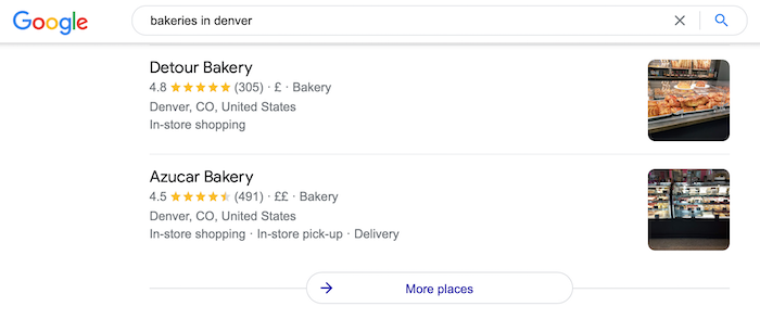 Screenshot of Google's webpage with "bakeries in denver" in the search bar.