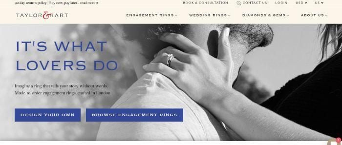 A screenshot of Taylor & Hart's webpage for minimalist website design.
