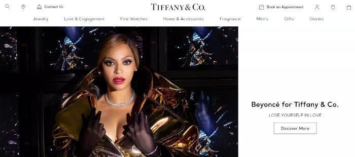 A screenshot of Tiffany & Co.'s webpage for minimalist website design.
