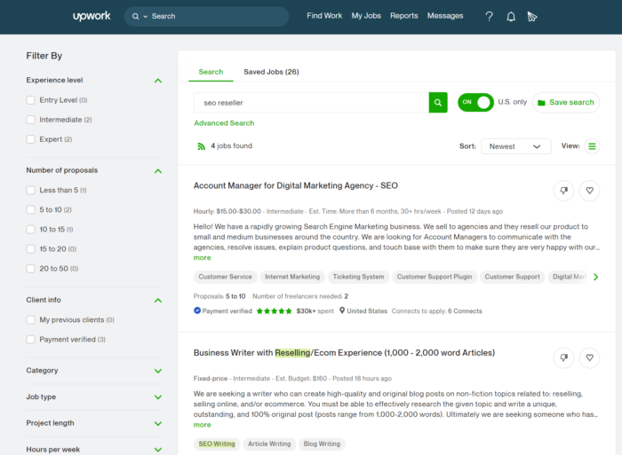 A screenshot of Upwork's job search page with 