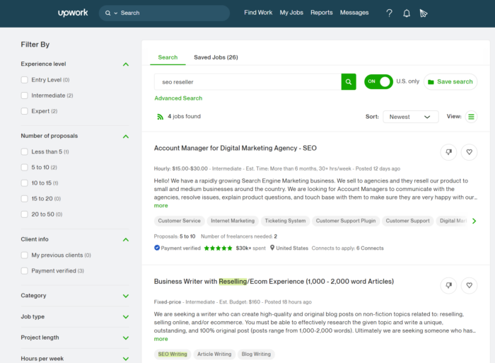 A screenshot of Upwork's occupation  hunt  leafage   with "seo reseller" successful  the hunt  bar.