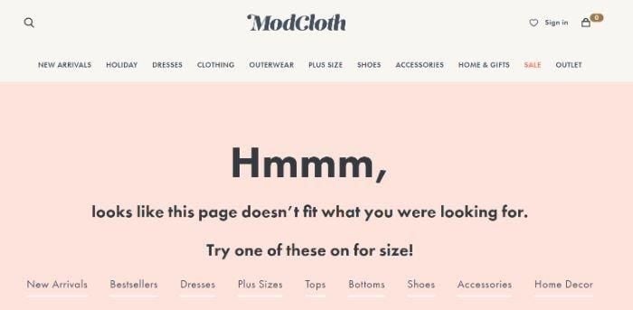 Screenshot of Modcloth's 404 page for soft 404 errors.