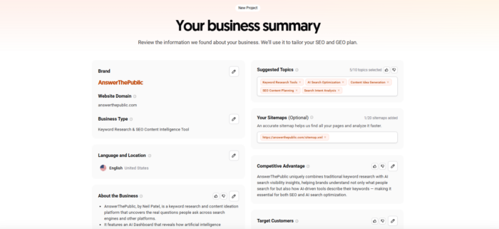 AnswerThePublic's business summary functionality.