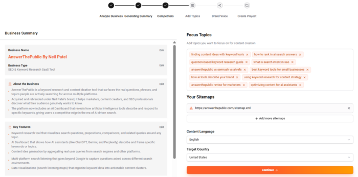A business summary generated by entering a business URL in AnswerThePublic.
