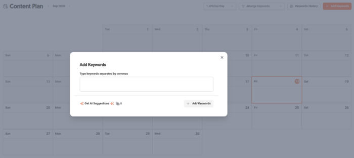 The Add Keywords functionality in AnswerThePublic's Content Plan section.
