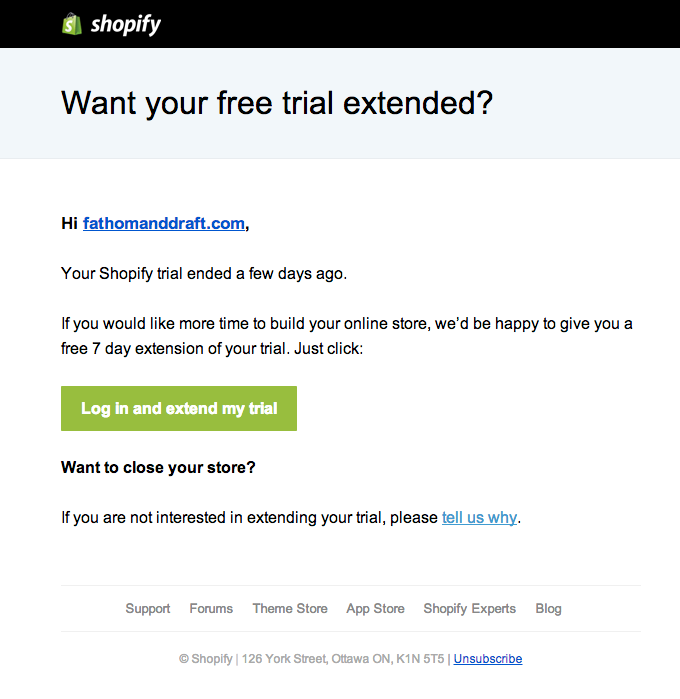 An email from Shopify proposing an extension for the user's free trial.