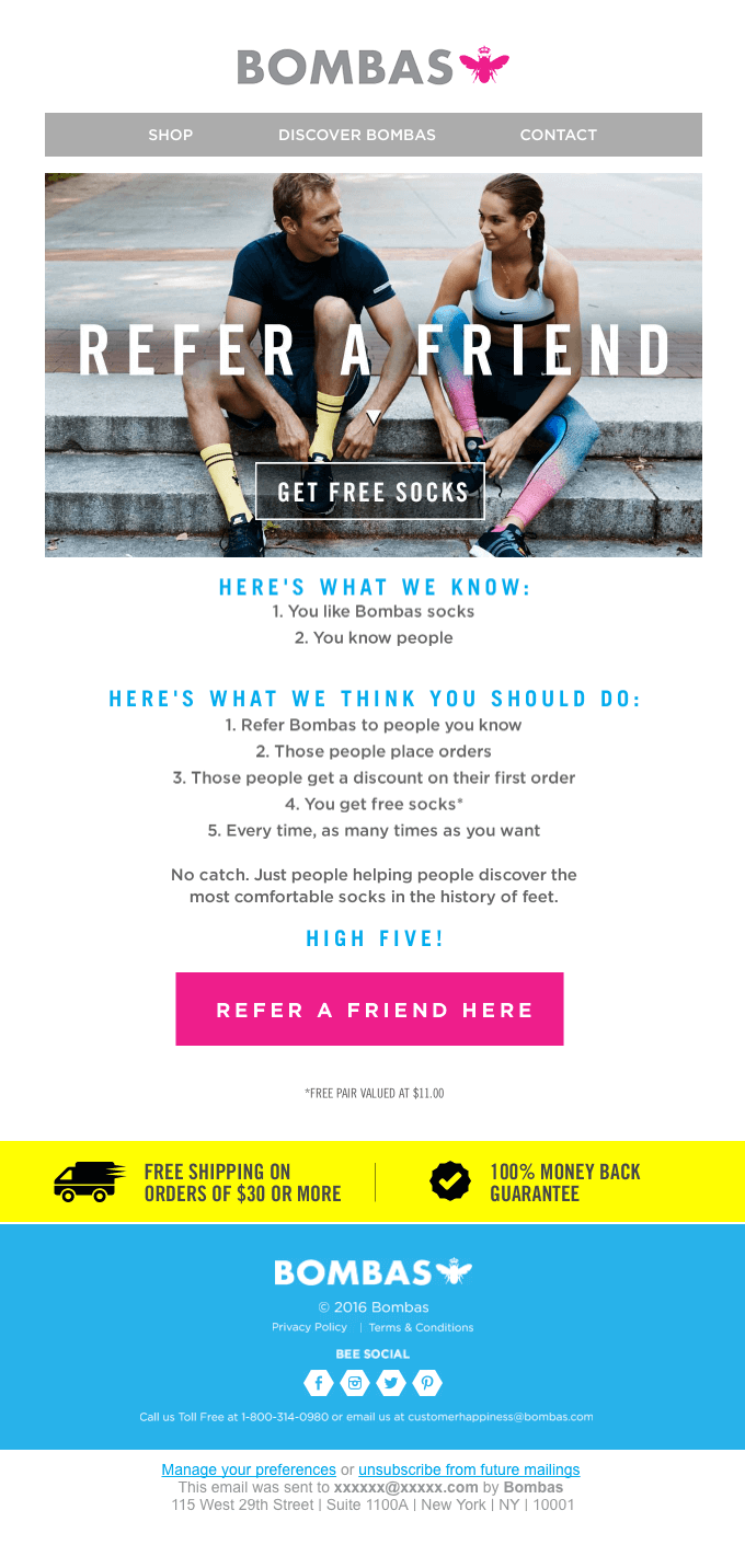 A recommendation email from Bombas that asks the reader to refer a friend to the website to place an order and receive a free pair of socks in return.