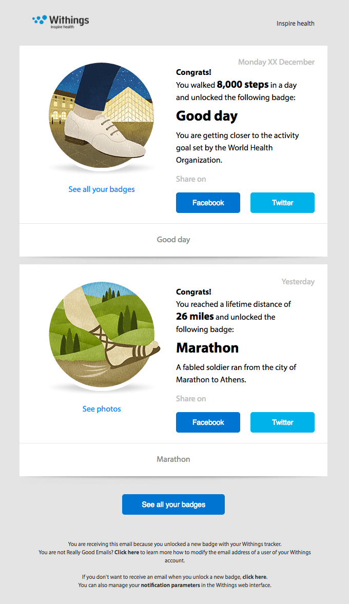 A reward email from the fitness tracker Withings that highlights how many steps a person walked that day, as well as the amount of miles they've traveled.