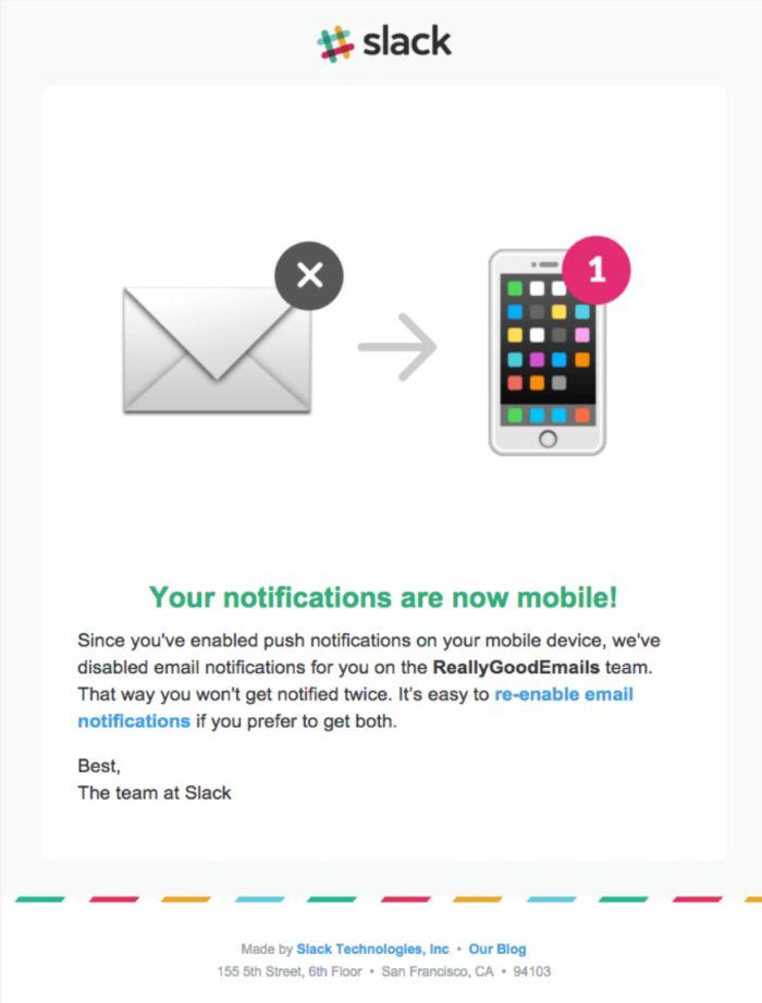 ایمیلی از Slack که به خواننده اطلاع می‌دهد که اعلان‌های ایمیل را غیرفعال کرده است و اعلان‌ها را از برنامه تلفن همراه Slack نمایش می‌دهد.